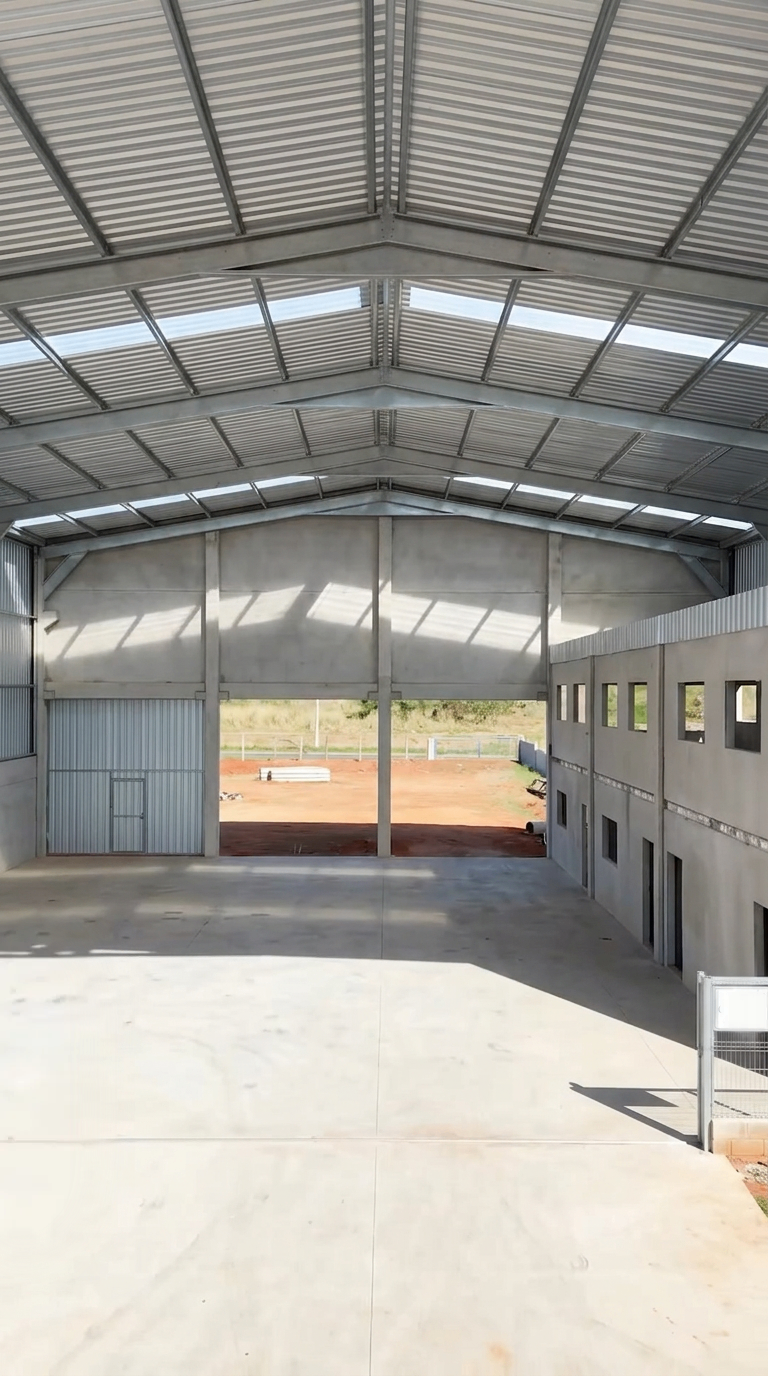 Interior de galpão metálico com acabamento técnico